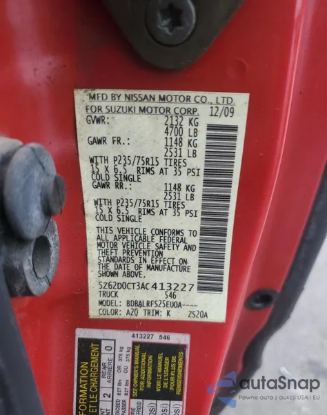 2010 Suzuki Equator Base from USA, damaged, VIN 5Z62D0CT3AC413227